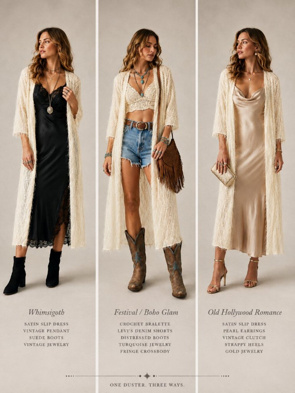 Vintage Open Front Kimono Duster Cover Up Cream / Ivory Eyelash Fringe M/L
